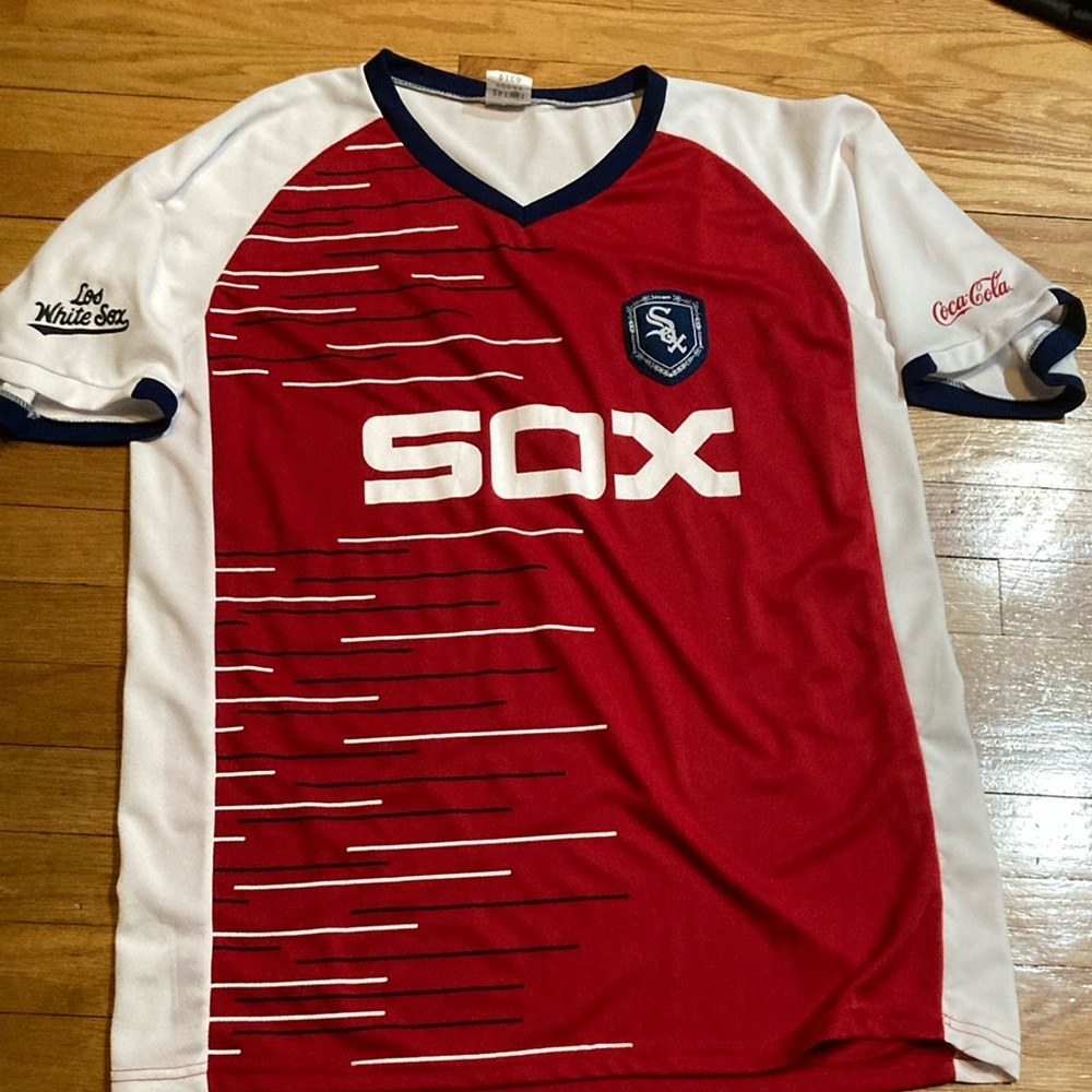 SO Red and White Jersey with V-Neck and Logo